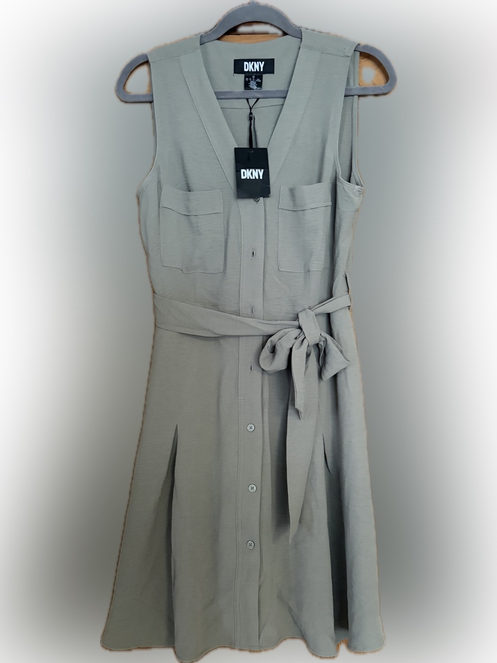 DKNY Sleeveless Midi Shirt Dress with Self-Tie Belt in Light Taupe